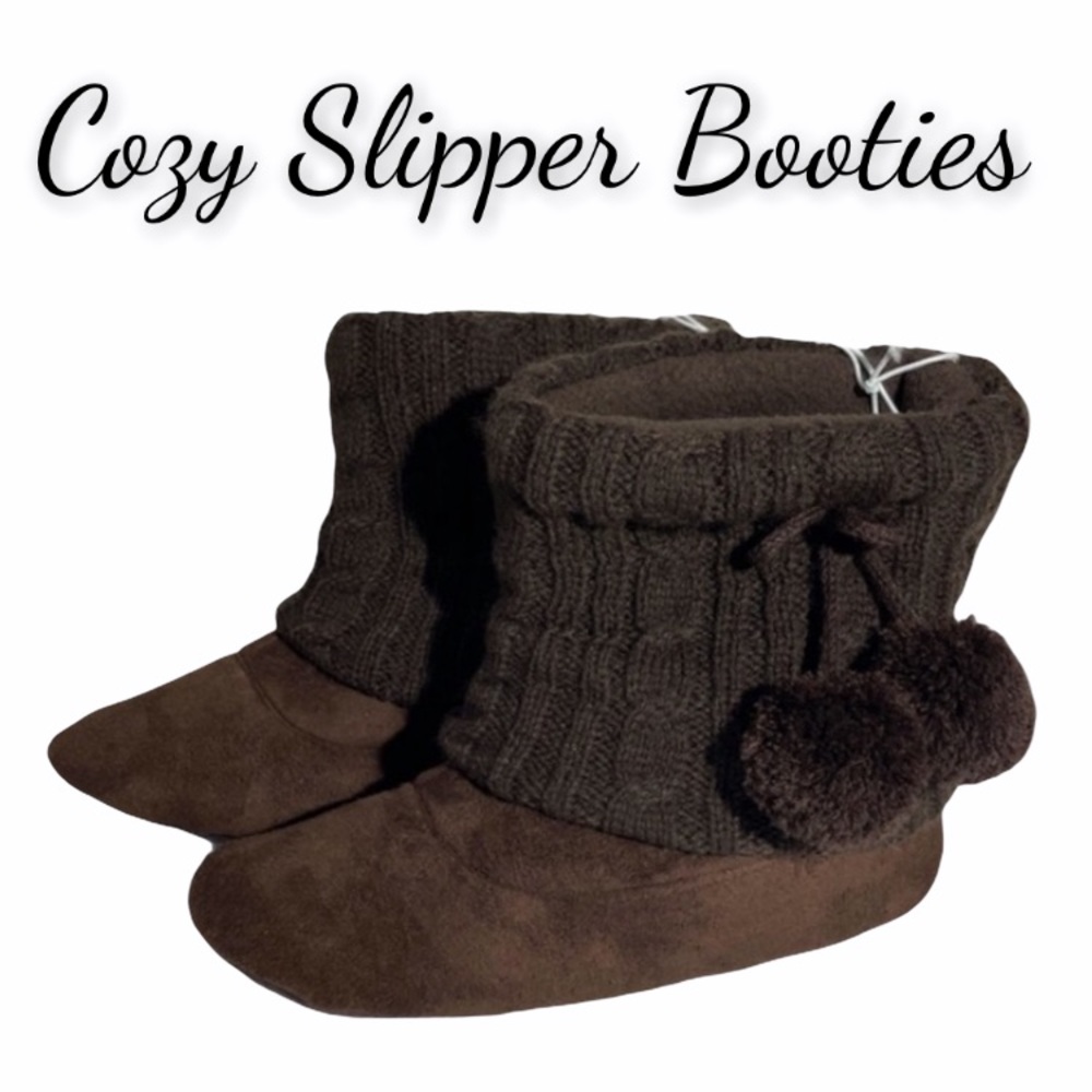 Sweater Cuffed Vegan Suede Pom Pom Booties Brown Slipper Booties Size 7 - 8
